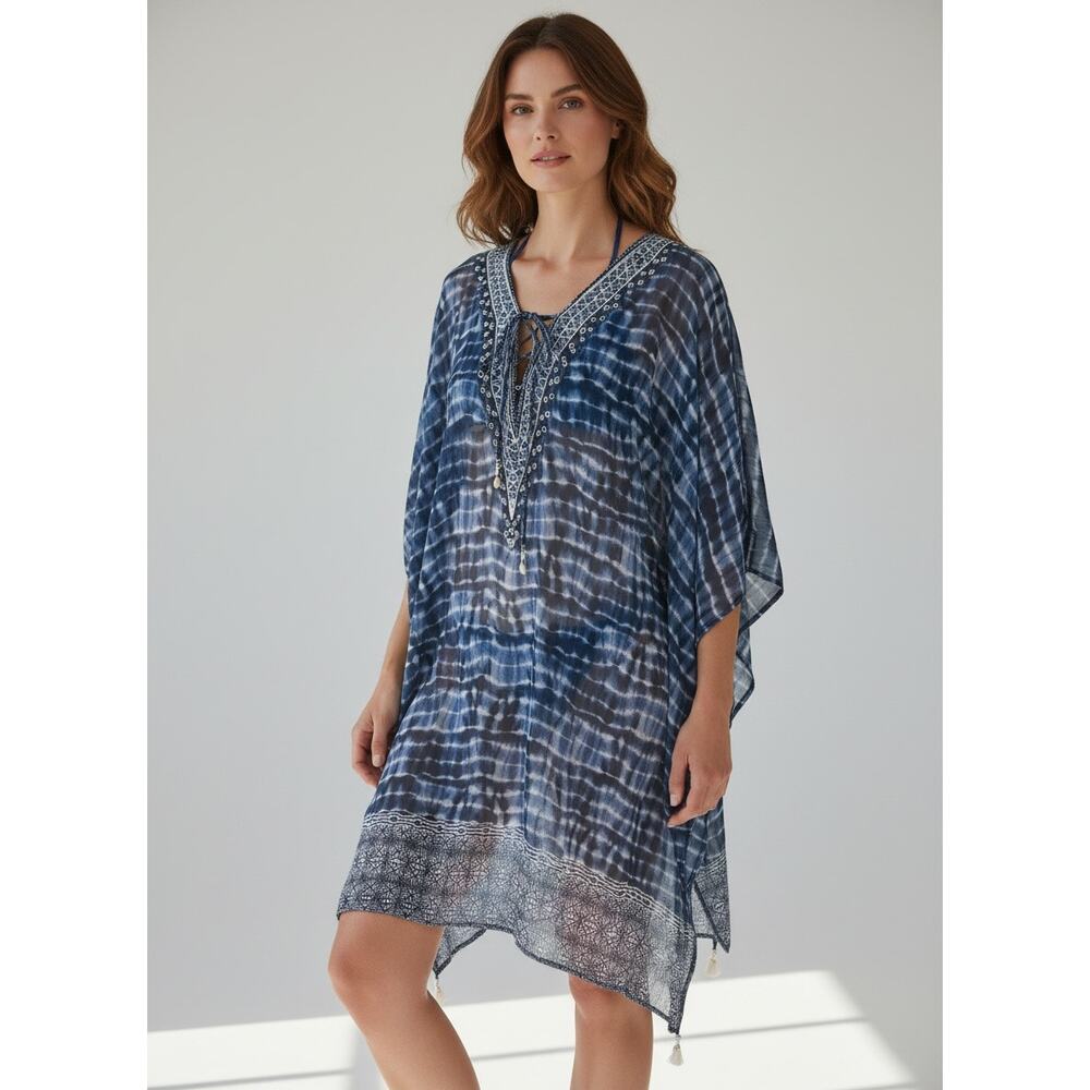 Bleu Rod Beattie Indigo Dye Sheer Beaded Coverup S/M